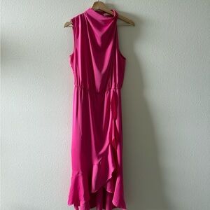 Pink Asymmetrical Ruched Halter Dress